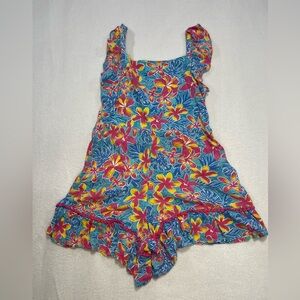 Tommy Bahama Girls Size 7 Tropical Floral Romper Dress Blue Pink Ruffle